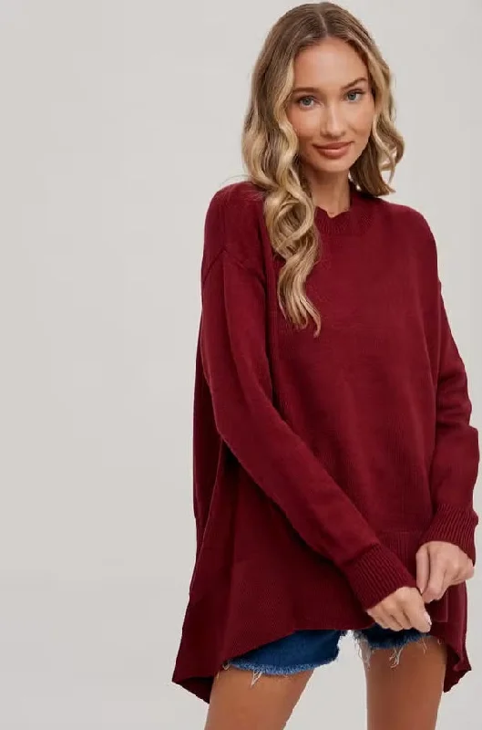 Women's/Junior L/S Knit Trapeze Pullover Sweater - Maroon Red Puff Sleeve Stylish