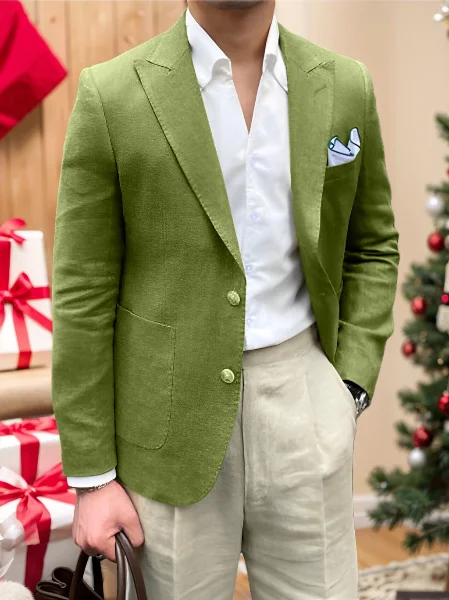 Men's Tailored Fit Single Breasted Two-buttons Blazer Jacket Front Pockets Side Pockets Patch Pockets
