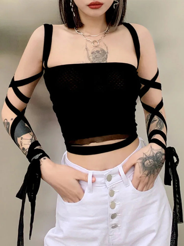 Mesh Lace Up Bandage Fairy Grunge Cyber Y2k Mall Goth Sexy Crop Top Boxy Fit Fitted Loose Mesh Lace Up Bandage Fairy Grunge Cyber Y2k Mall Goth Sexy Crop Top Boxy Fit Fitted Loose