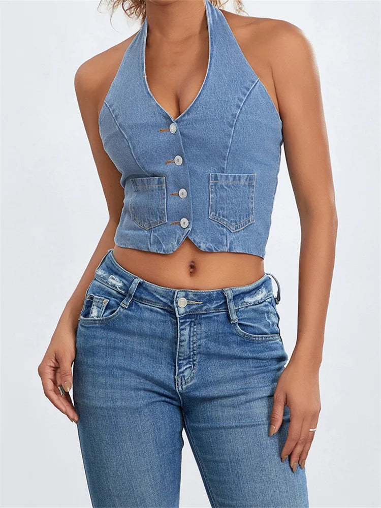 Sexy Women Halter Off Shoulder Sleeveless Backless Buttons Up Summer Denim Vest Club Party Streetwear 2024 Crop Top Houndstooth Herringbone Solid Sexy Women Halter Off Shoulder Sleeveless Backless Buttons Up Summer Denim Vest Club Party Streetwear 2024 Crop Top Houndstooth Herringbone Solid