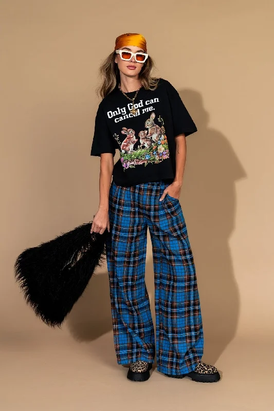 Rebel Road Plaid Wide Leg Trousers in Blue + Brown Trousers Bootcut Casual
