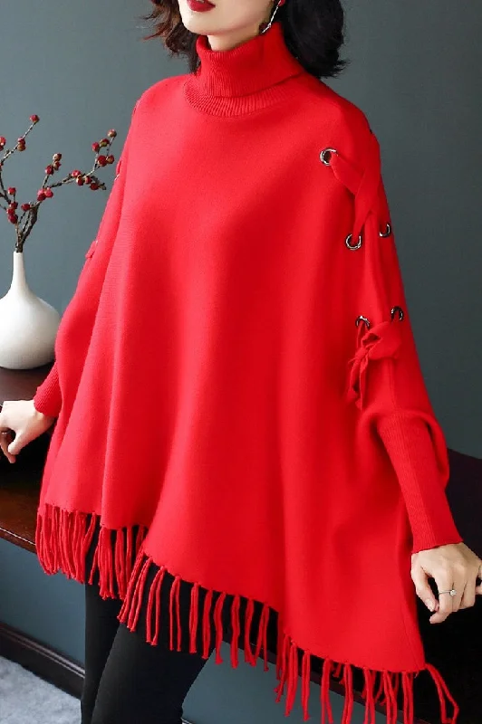 Dolman Sleeve Lace-Up Sweater Real Fur Shearling Chenille