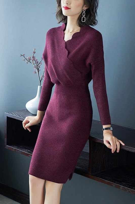 Scallop V Neck Sweater Dress Seamless Knitted Crochet