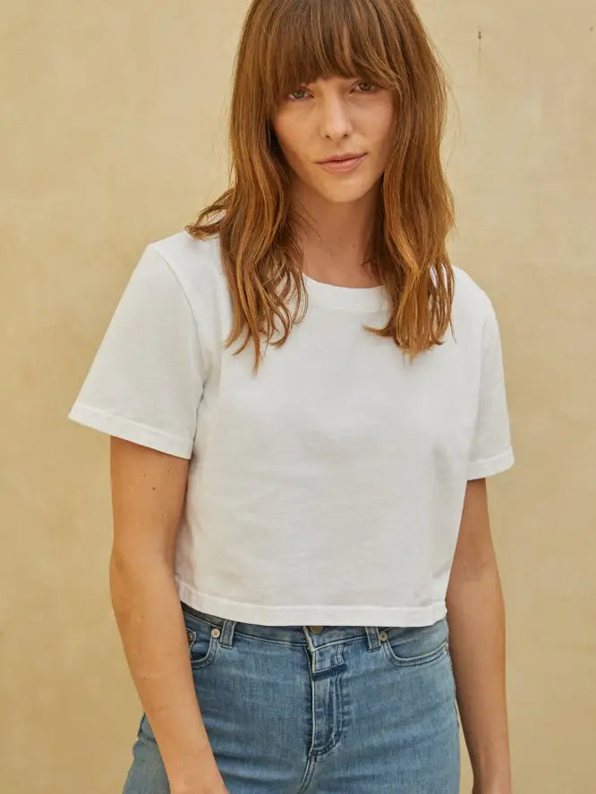 Knit Cotton Jersey Round Neck Short Sleeve Crop Top - Off White Casual Formal Business Knit Cotton Jersey Round Neck Short Sleeve Crop Top - Off White Casual Formal Business
