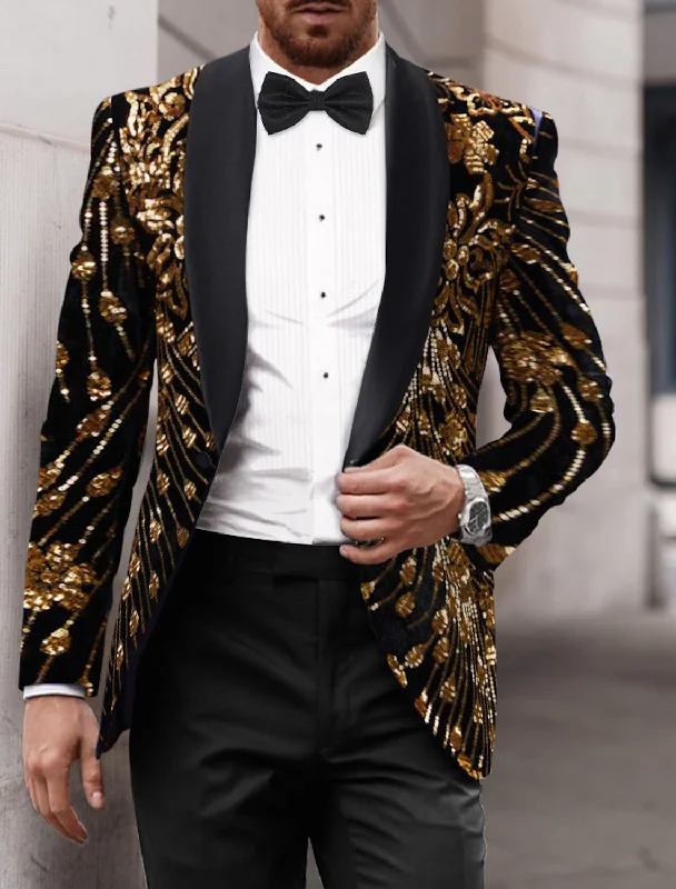 Gold Red Blue Purple Men's Tailored Fit Single Breasted One-button Sequins Party Jacket Hooded Jacket Caped Jacket Shawl Collar Jacket
