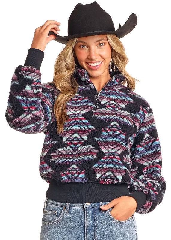 Rock & Roll Women's Vibrant Aztec Sherpa Pullover - BLACK Leg Sleeve Comfort