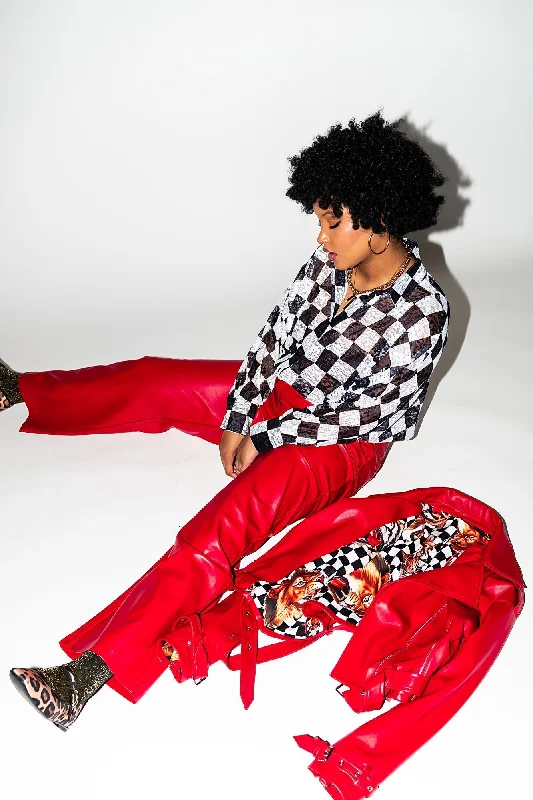 Told My Mom About You Buttery Soft Vegan Leather Trousers in Cherry Red Trousers Silk Elegant