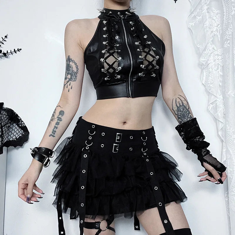Sexy Hollowed Out Gothic Lace Up Bandage Y2k Crop Top Wool Fabric Cashmere Fabric Tweed Fabric