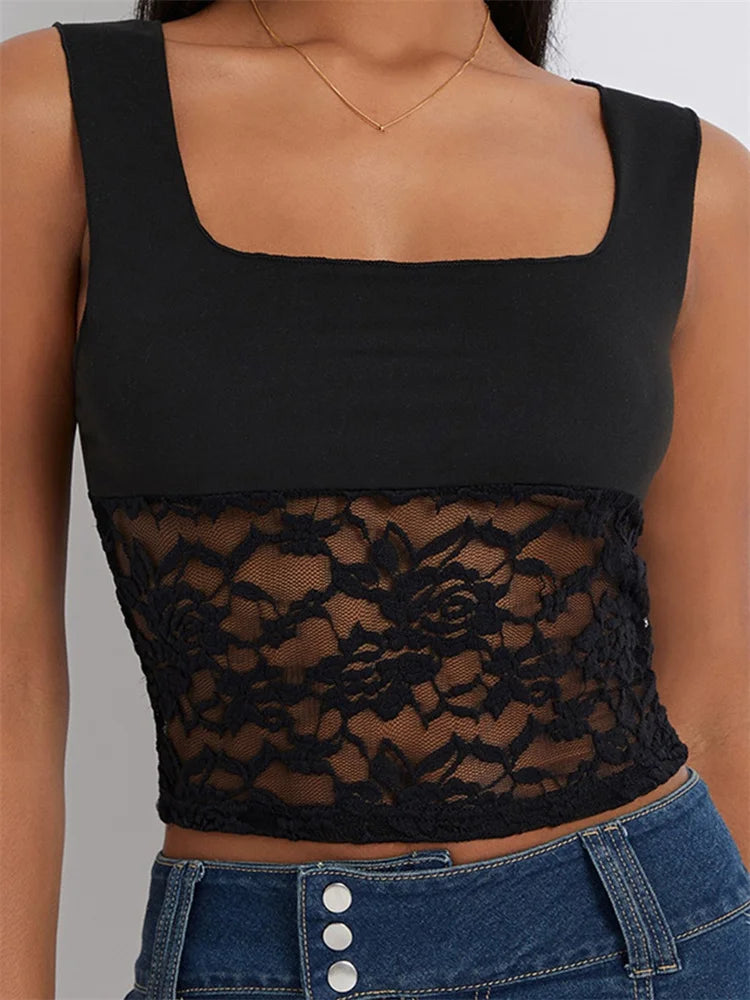 Women Camisole Sleeveless Cropped Square Neck Lace Patchwork Slim Fit Summer Vest for Party Club Streetwear 2024 Crop Top Front Pockets Side Pockets Patch Pockets