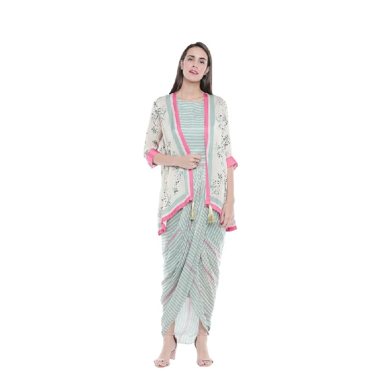 Soup by Sougat Paul Striped Drape Dress With Floral Jacket - Customisable (Set of 2) Quilted Jacket Puffer Jacket Insulated Jacket