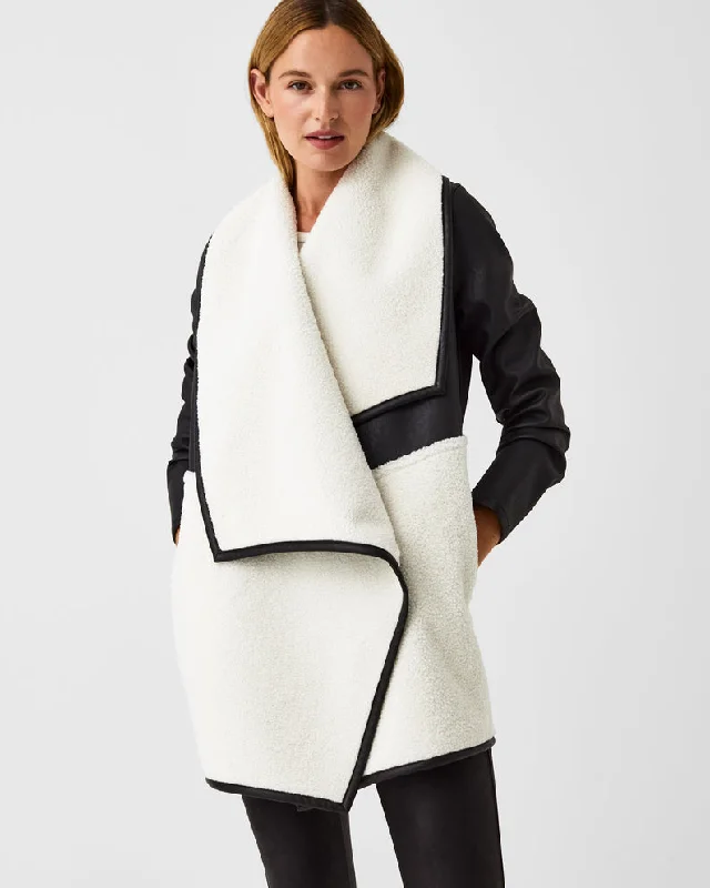 Fleece & Faux Leather Long Wrap Jacket Very Black/Snow - SPANX Cardigan Sweater Pullover Fleece & Faux Leather Long Wrap Jacket Very Black/Snow - SPANX Cardigan Sweater Pullover