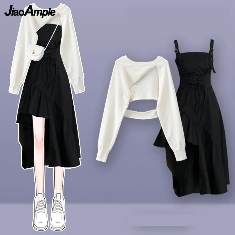 Yipinpay Women's fashion cut-out sweater+suspender Skirt two-piece set Korean Elegant New in Matching Set 2024 Spring Summer Dress Suit Polka Dot Checkered Tartan