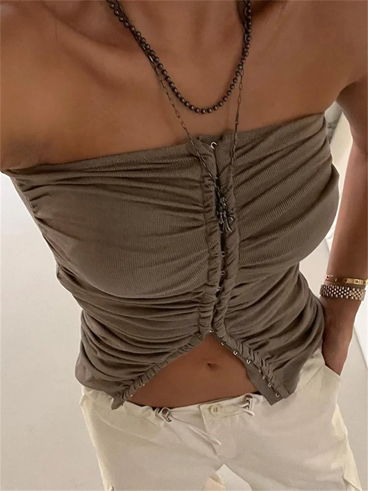 Ruched Strapless Off Shoulder Tube Cropped Summer Clubwear 2024 Y2K Sexy Women Front Buttons Up Slim Vests Crop Top Modern Contemporary Chic Ruched Strapless Off Shoulder Tube Cropped Summer Clubwear 2024 Y2K Sexy Women Front Buttons Up Slim Vests Crop Top Modern Contemporary Chic