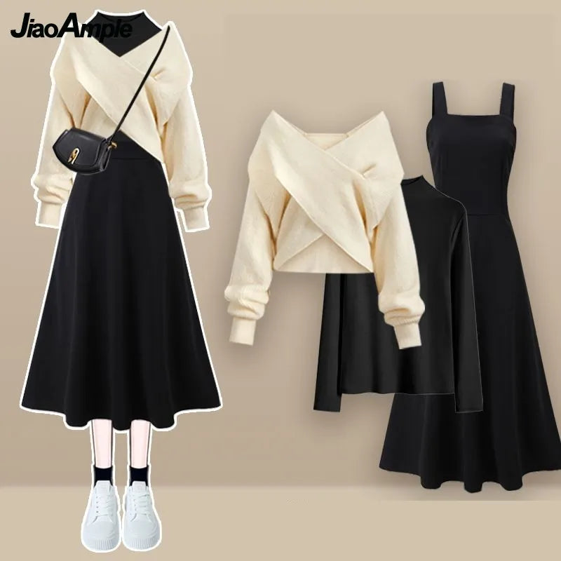 Yipinpay Autumn/Winter New Korean Elegant Matching Set Women's Fashion Cross Knit Sweater+Bottom Shirt+Strap Dress Three Piece Suit Embroidered Appliqued Beaded Yipinpay Autumn/Winter New Korean Elegant Matching Set Women's Fashion Cross Knit Sweater+Bottom Shirt+Strap Dress Three Piece Suit Embroidered Appliqued Beaded