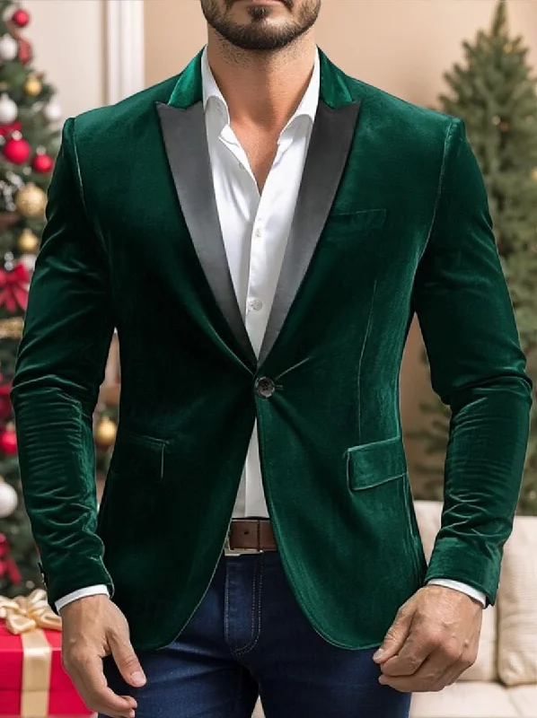 Green Men's Party Velvet Notched Neck Regular Single Breasted One-Button Blazer Jacket Trench Coat Raincoat Waterproof Jacket