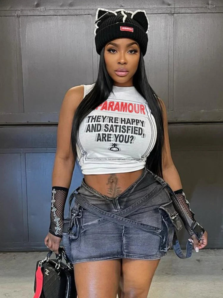 Goth Punk Patchwork Grunge Letter Print White Crop Top Fashionable Trendy Casual