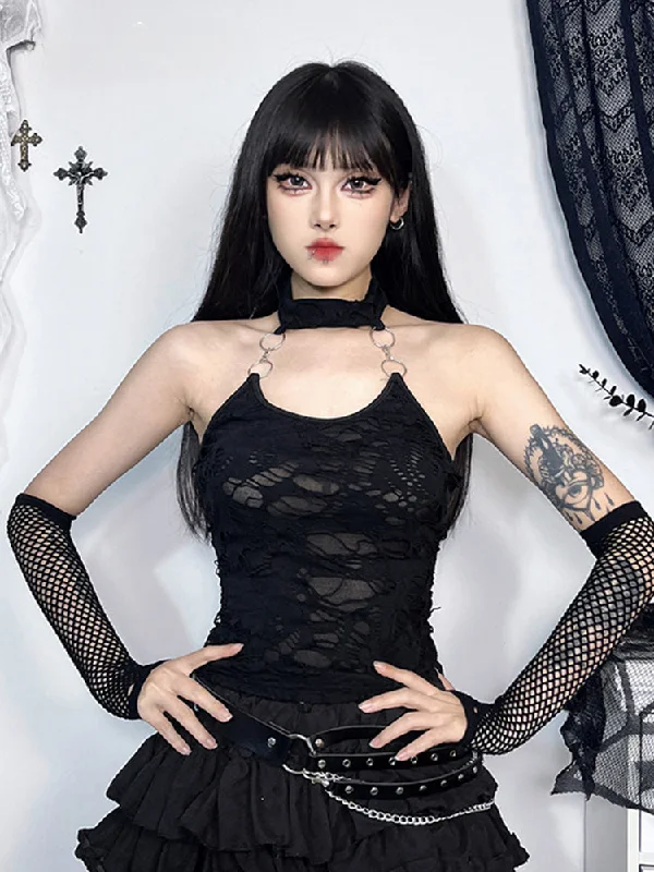 Gothic Halter Backless Cyberpunk Y2K Crop Top Notch Collar Peter Pan Collar Cowl Neck Gothic Halter Backless Cyberpunk Y2K Crop Top Notch Collar Peter Pan Collar Cowl Neck
