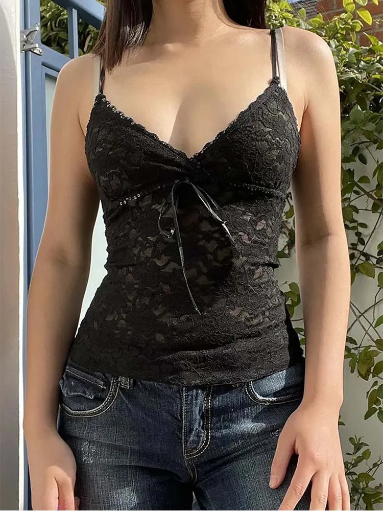 Black See Through Lace Sleeveless V Neck Sexy Summer Y2K Aesthetic Gothic Crop Top Chenille Fabric Brocade Fabric Lace Fabric Black See Through Lace Sleeveless V Neck Sexy Summer Y2K Aesthetic Gothic Crop Top Chenille Fabric Brocade Fabric Lace Fabric