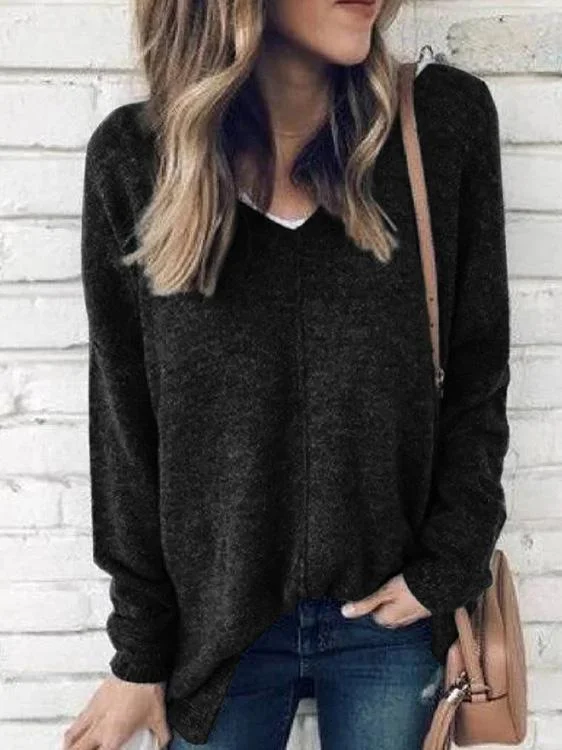 Women's T-Shirts V-Neck Pullover Long Sleeve Suede T-Shirts Chunky Knit Pullover