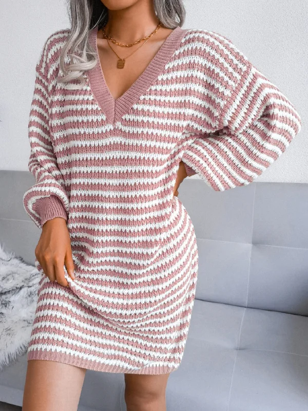 Striped V-Neck Long Sleeve Mini Sweater Dress Fitted Loose Oversized