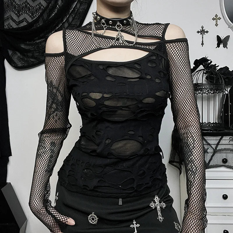 Gothic Mesh Hole Slim Fit Fishnet Sheer Mock Neck Cut Out Rave See Through Crop Top Fashionable Trendy Casual Gothic Mesh Hole Slim Fit Fishnet Sheer Mock Neck Cut Out Rave See Through Crop Top Fashionable Trendy Casual