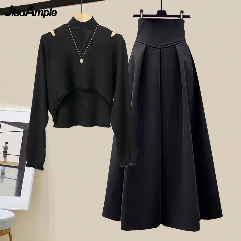 Yipinpay Spring Autumn New Korean Elegant Knit Tassel Cover Up+Half High Collar Bottom Sweater+Midi Skirt 3 Piece Women Dress Suit Collared Crew Neck Turtle Neck Yipinpay Spring Autumn New Korean Elegant Knit Tassel Cover Up+Half High Collar Bottom Sweater+Midi Skirt 3 Piece Women Dress Suit Collared Crew Neck Turtle Neck