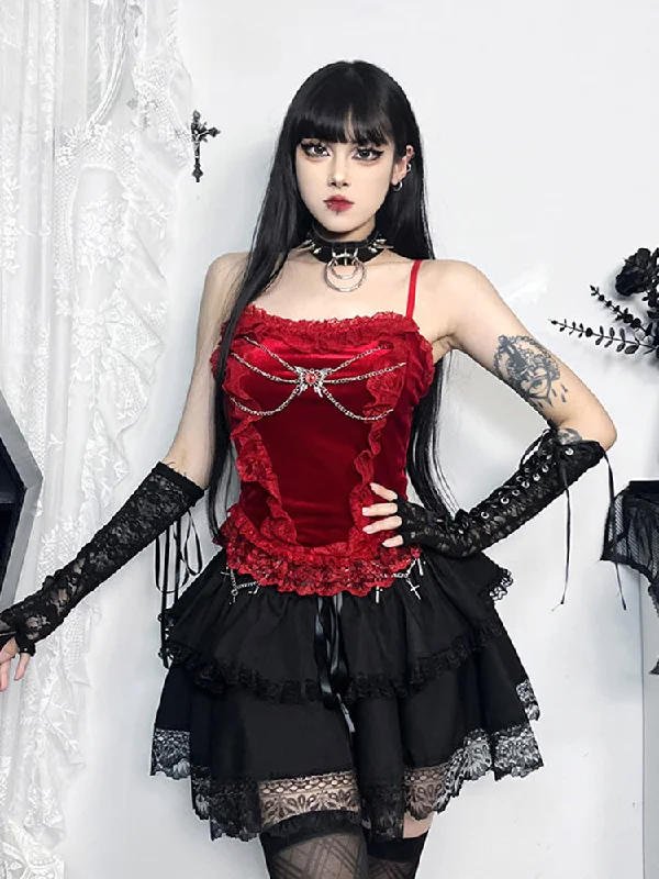 Gothic Metal Chain Velvet Sexy Lace Trim Spaghetti Strap Grunge Basic Crop Top Collared Crew Neck Turtle Neck