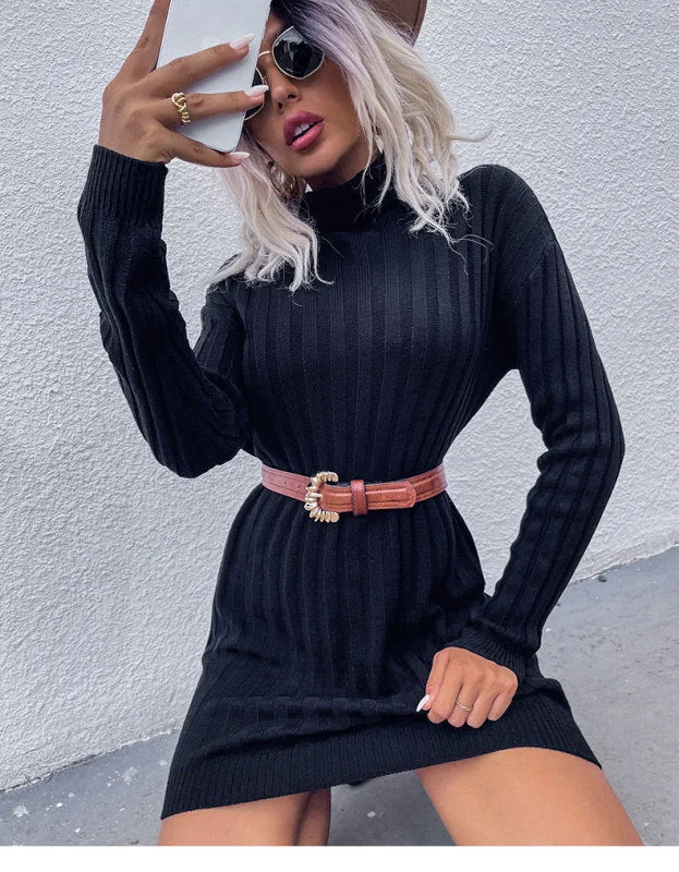 Blue Zone Planet |  Pit Strip Turtleneck Long Sleeve Loose Sweater Mini Dress Fleece Sweater Nylon Polyester