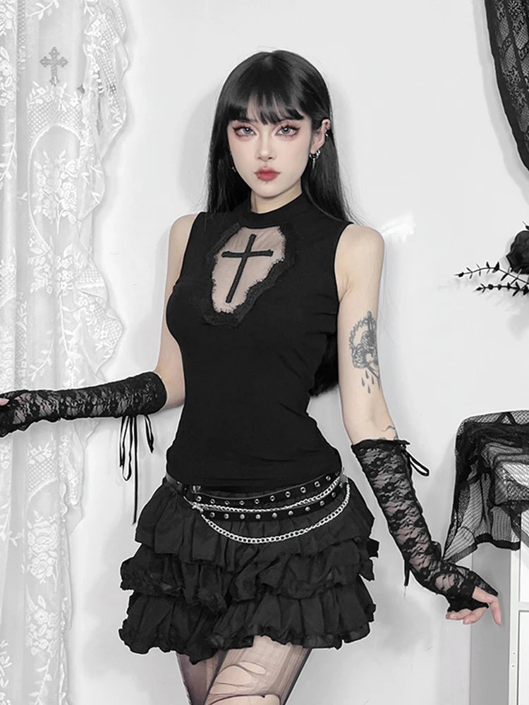 Gothic Dark Cross Mesh Patchwork See Through Grunge Alternative Crop Top Notch Collar Peter Pan Collar Cowl Neck Gothic Dark Cross Mesh Patchwork See Through Grunge Alternative Crop Top Notch Collar Peter Pan Collar Cowl Neck
