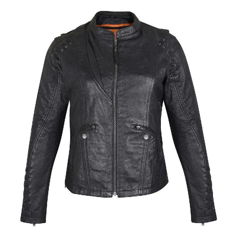 Ladies Lightweight Black Goatskin Jacket w/ Grommeted Twill and Lace Highlights Striped Jacket Polka Dot Jacket Floral Jacket Ladies Lightweight Black Goatskin Jacket w/ Grommeted Twill and Lace Highlights Striped Jacket Polka Dot Jacket Floral Jacket