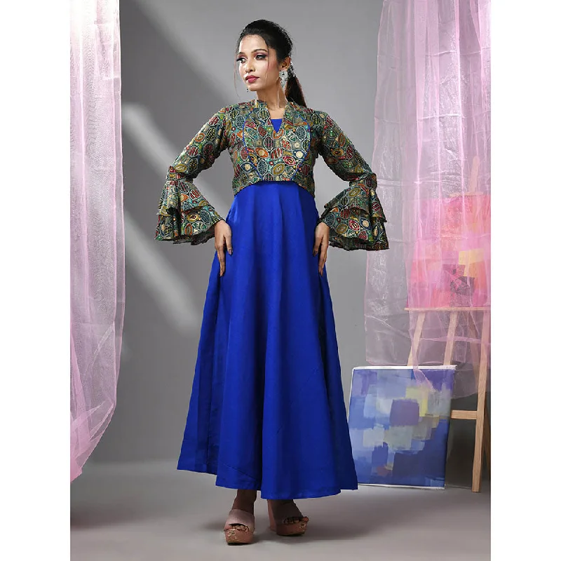 CHARUKRITI Blue Cotton Solid Gown with Printed Cropped Jacket (Set of 2) Cotton Jacket Linen Jacket Terry Jacket CHARUKRITI Blue Cotton Solid Gown with Printed Cropped Jacket (Set of 2) Cotton Jacket Linen Jacket Terry Jacket