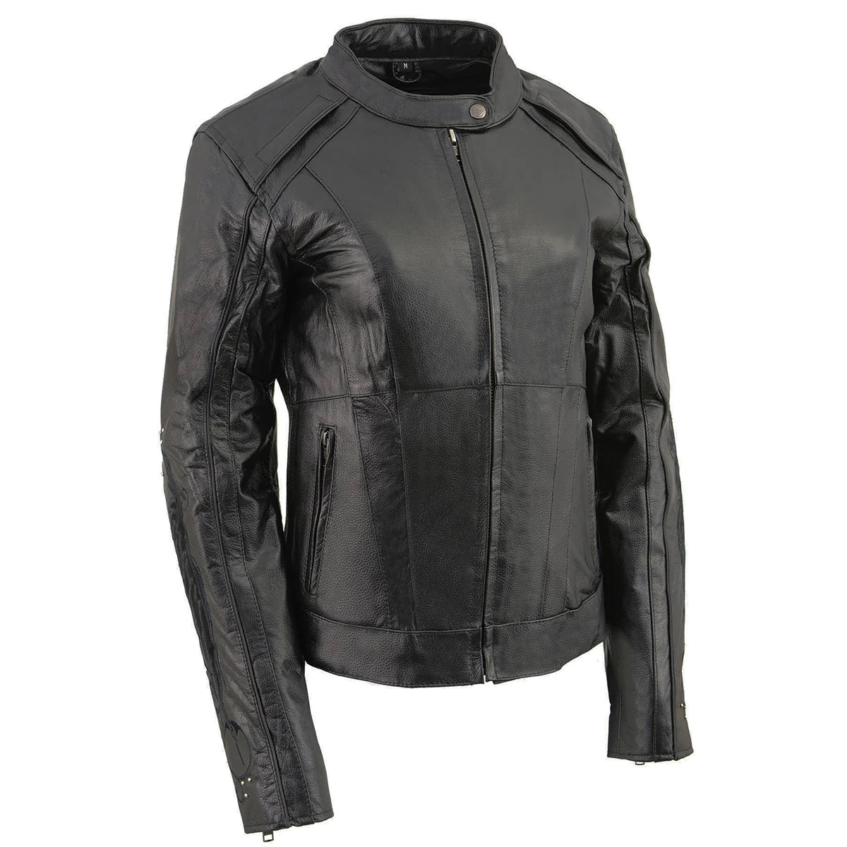 Women's Black 'Embroidered Wing and Stud Design' Leather Scooter Jacket Zippered Front Buttoned Front Snap Front Women's Black 'Embroidered Wing and Stud Design' Leather Scooter Jacket Zippered Front Buttoned Front Snap Front