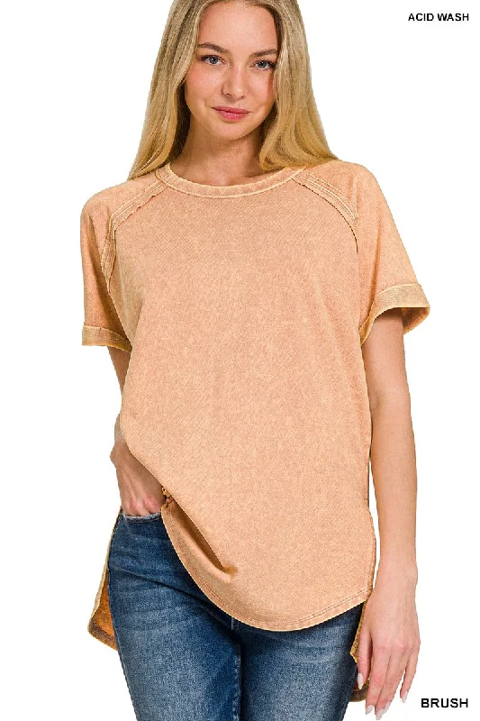 TERRY ACID WASH SHORT CUFF SLEEVE PULLOVER Long Bell Sleeve