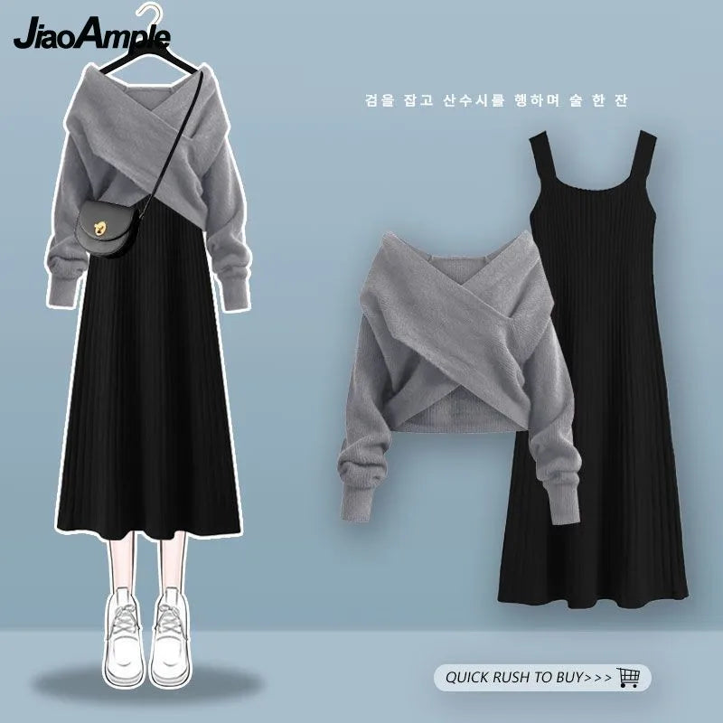 Yipinpay Women's Autumn Winter Knit Dress Two Piece 2024 New Fashion Cross Sweater+Suspended Skirt Matching Set Korean Elegant Chic Suit Satin Blend Silk Blend Wool Blend Yipinpay Women's Autumn Winter Knit Dress Two Piece 2024 New Fashion Cross Sweater+Suspended Skirt Matching Set Korean Elegant Chic Suit Satin Blend Silk Blend Wool Blend