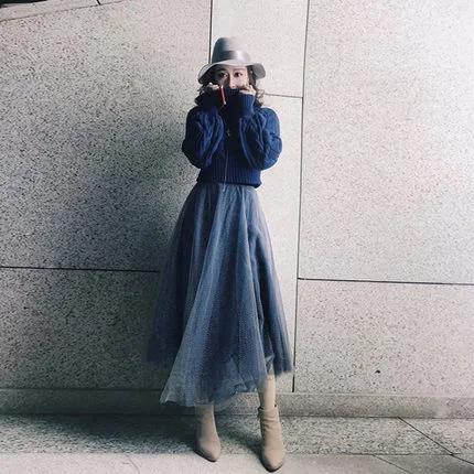 2018 New Autumn Dark Blue Sweater  2 Pcs  Women Winter Dress Set China Style Hot Sale Elegant Girl Style Soft Dress Collared Crew Neck Turtle Neck