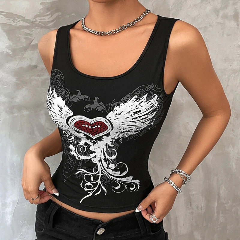 Heart & Wings Printed Gothic Dark Fairy Grunge Crop Top Striped Floral Plaid
