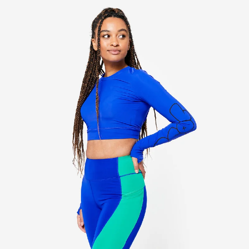 Women's Long-Sleeved Crop Top - Blue Print Solid Print Embellished