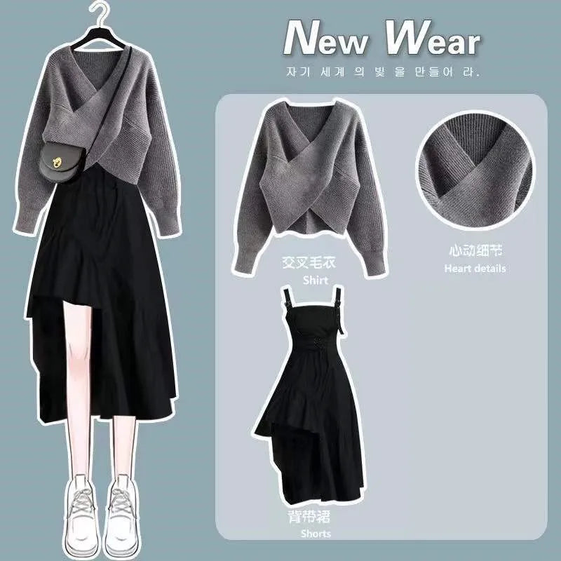 Yipinpay Women's Spring Autumn Chic V-Neck Knitted Sweater Irregular Sling Skirt 2 Piece 2024 New Matching Set Korean Elegant Dress Suit Notch Collar Peter Pan Collar Cowl Neck Yipinpay Women's Spring Autumn Chic V-Neck Knitted Sweater Irregular Sling Skirt 2 Piece 2024 New Matching Set Korean Elegant Dress Suit Notch Collar Peter Pan Collar Cowl Neck