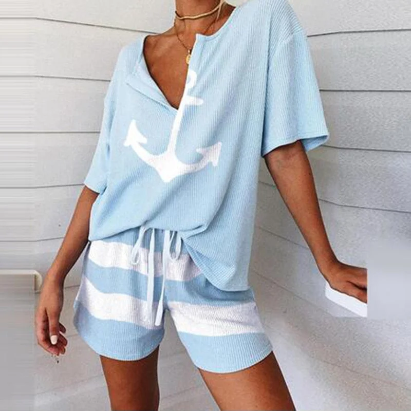 2Pcs Women Tracksuit Boat Anchor Print Shirt Shorts Set Spring Elegant V Neck Pullover Ladies Sportswear Suits Pocket style Fleece Warm Pullover
