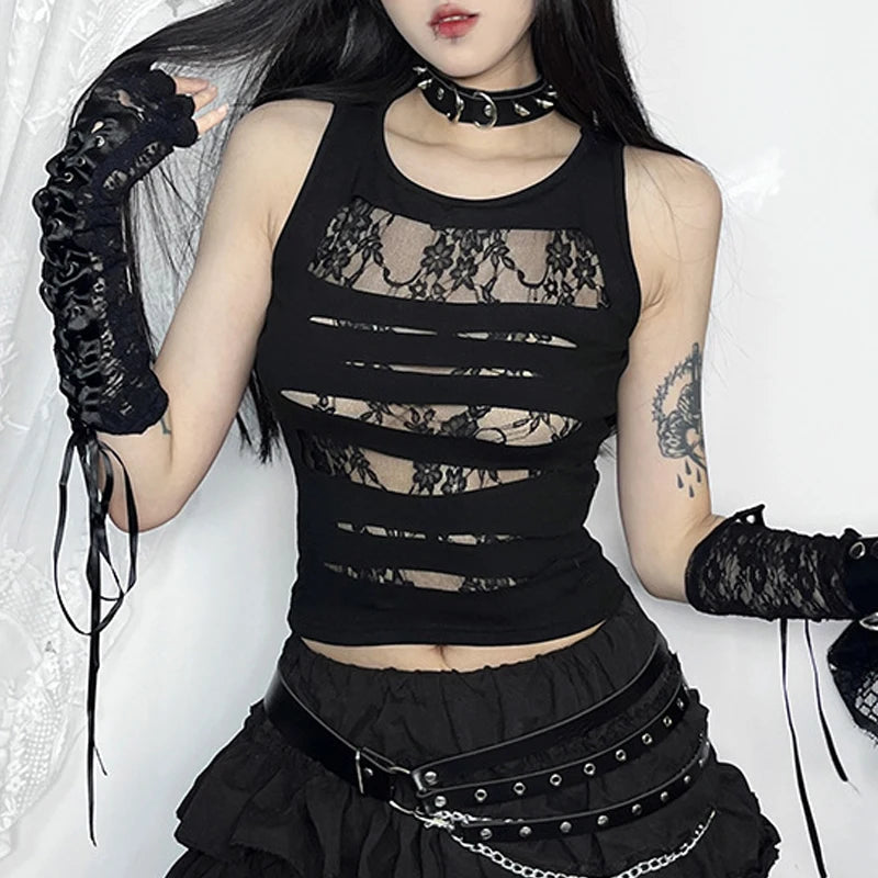 Dark Cut Out Sexy Grunge Punk Mall Gothic Splice Lace Techwear Bodycon Crop Top Fleece Nylon Spandex Dark Cut Out Sexy Grunge Punk Mall Gothic Splice Lace Techwear Bodycon Crop Top Fleece Nylon Spandex