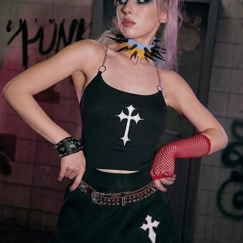Mysterious Sexy Chain Black Cross Print Black Crop Top Cozy Warm Stylish
