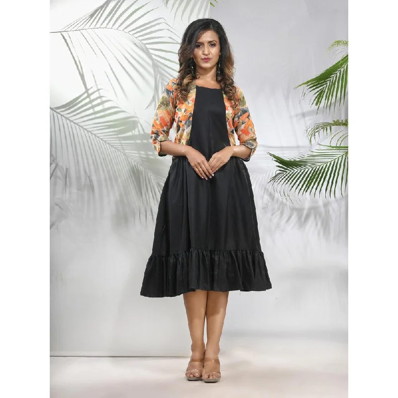 CHARUKRITI Black Cotton Ruffled Ethnic Midi Dress with Printed Jacket (Set of 2) Wool Jacket Cashmere Jacket Tweed Jacket CHARUKRITI Black Cotton Ruffled Ethnic Midi Dress with Printed Jacket (Set of 2) Wool Jacket Cashmere Jacket Tweed Jacket