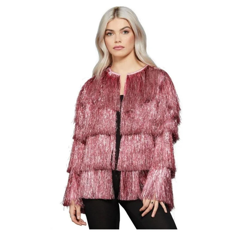 Fever Tinsel Festival Jacket, Pink Welt Pockets Slit Pockets Flap Pockets