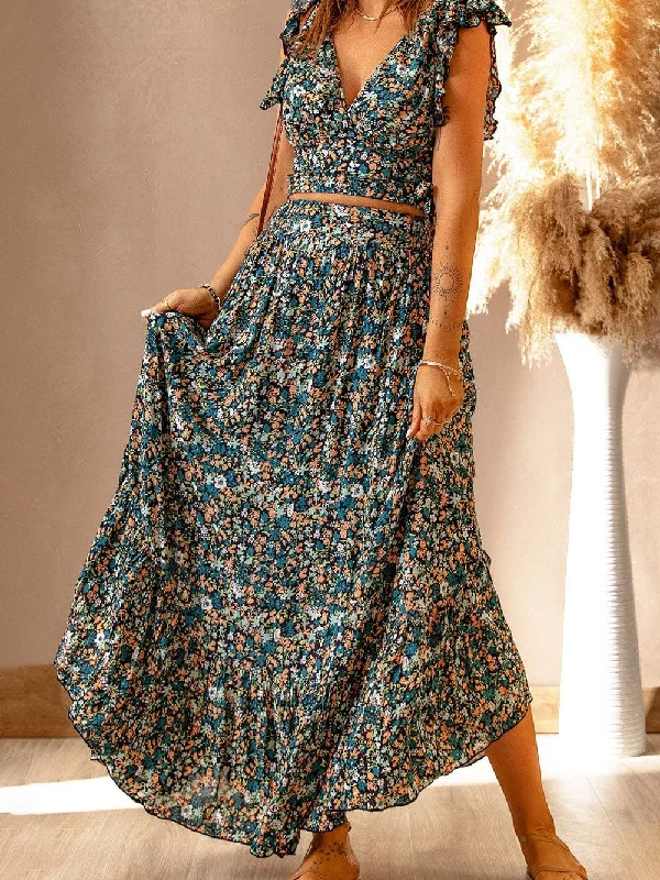 Bohemian Blossom Two-Piece Set with Ruffled Crop Top and Maxi Skirt Houndstooth Herringbone Solid Bohemian Blossom Two-Piece Set with Ruffled Crop Top and Maxi Skirt Houndstooth Herringbone Solid