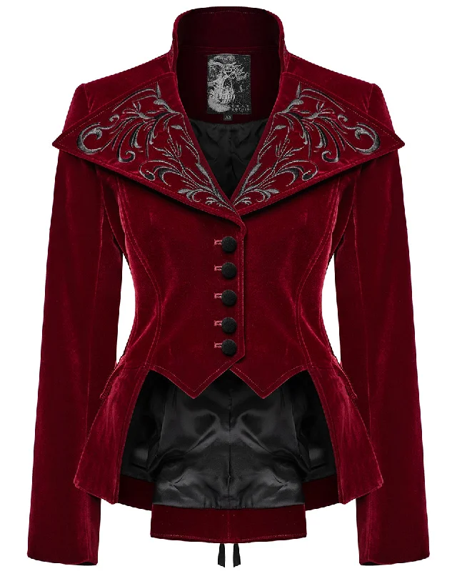 Punk Rave Womens Gothic Embroidered Velvet Cutaway Riding Jacket - Red Denim Fabric Leather Fabric Suede Fabric Punk Rave Womens Gothic Embroidered Velvet Cutaway Riding Jacket - Red Denim Fabric Leather Fabric Suede Fabric