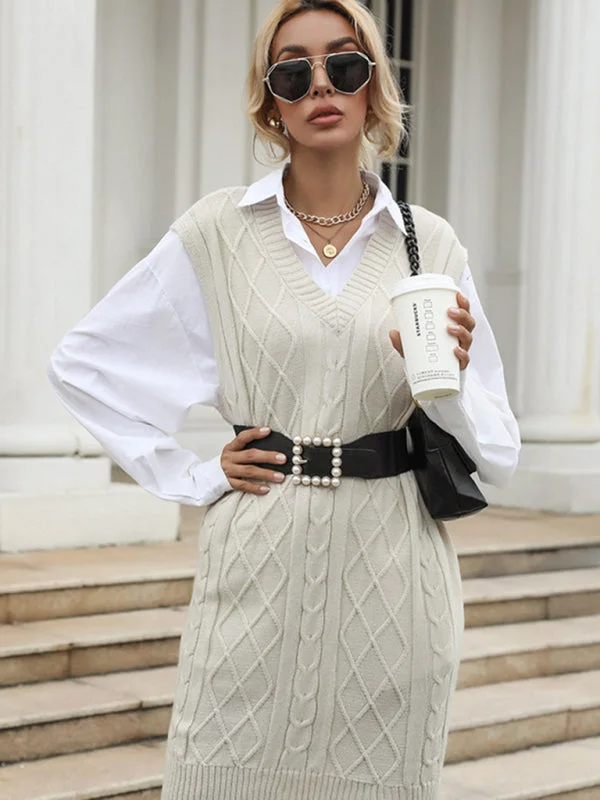Blue Zone Planet |  Ava's Long Solid Color V-Neck Knitted Sweater Vest Mini Dress Zippered Front Buttoned Front Snap Front