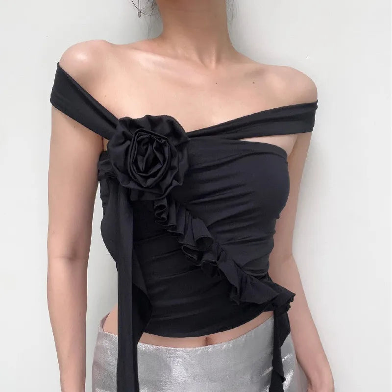 Gothic Backless Aesthetic Flower Ruffles Off Shoulder Crop Top Seamless Knitted Crochet Gothic Backless Aesthetic Flower Ruffles Off Shoulder Crop Top Seamless Knitted Crochet