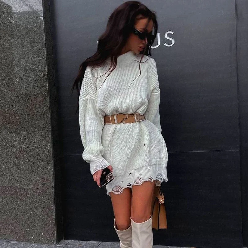Distressed Trim Pullover Sweater Modern Mini Dress - Rose Solo Sleeve Pullover