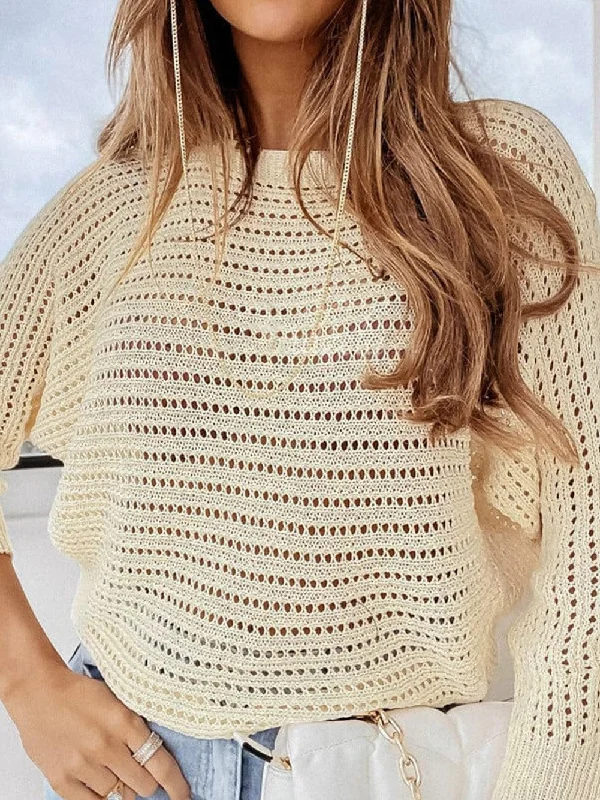 Apricot Open Knit Crochet Sleeve Pullover Sweater Spaghetti Sleeve Top