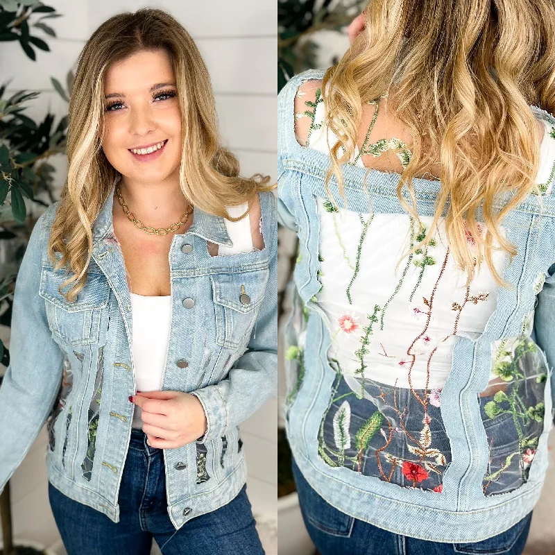 Through the Looking Glass Cotton Blend Long Sleeve Light Wash Avery Mae Denim Jacket Chenille Jacket Brocade Jacket Lace Jacket